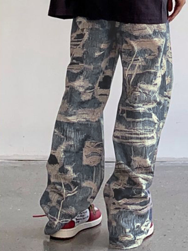 Men's Distressed Ripped Pattern Print Loose Jeans