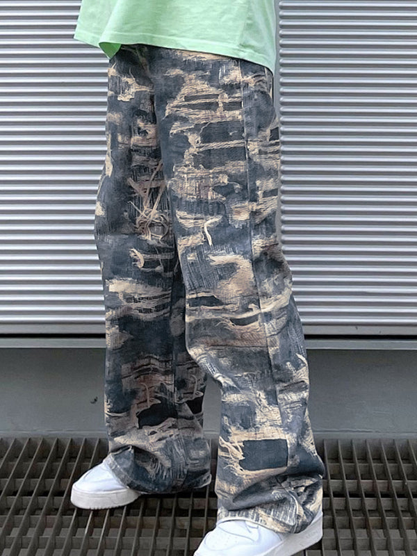 Men's Distressed Ripped Pattern Print Loose Jeans