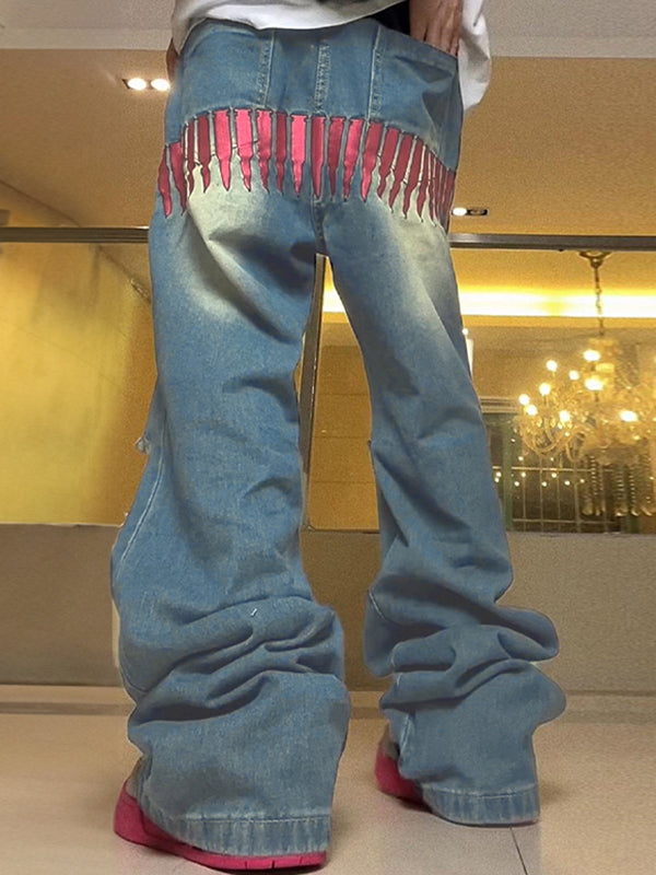 Men's Pink Bullet Embroidery Ripped Loose Jeans