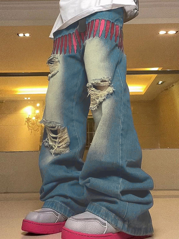 Men's Pink Bullet Embroidery Ripped Loose Jeans
