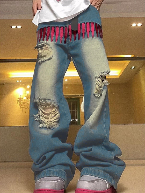 Men's Pink Bullet Embroidery Ripped Loose Jeans