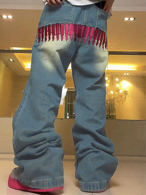 Men's Pink Bullet Embroidery Ripped Loose Jeans