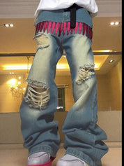 Men's Pink Bullet Embroidery Ripped Loose Jeans