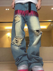 Men's Pink Bullet Embroidery Ripped Loose Jeans