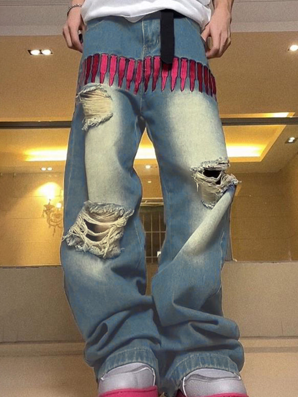 Men's Pink Bullet Embroidery Ripped Loose Jeans