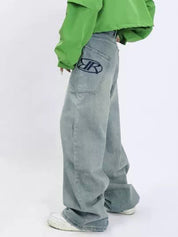 Men's Washed Print Baggy Loose Jeans