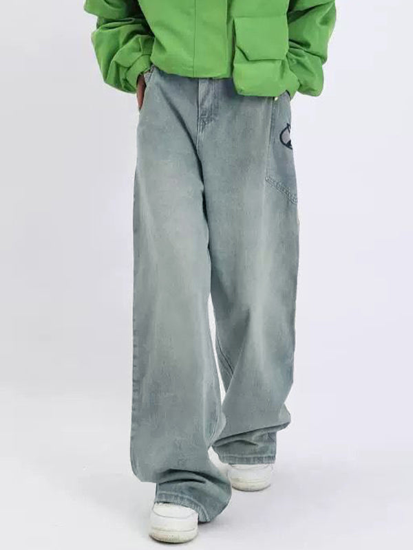 Men's Washed Print Baggy Loose Jeans