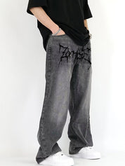 Men's Washed Crackle Print Loose Jeans