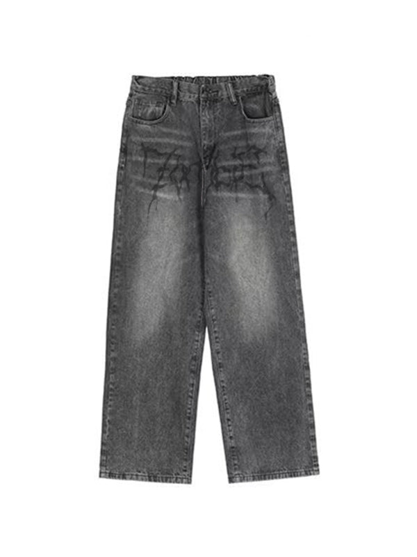 Men's Washed Crackle Print Loose Jeans
