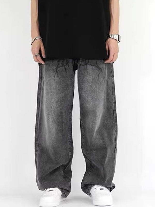 Men's Washed Crackle Print Loose Jeans
