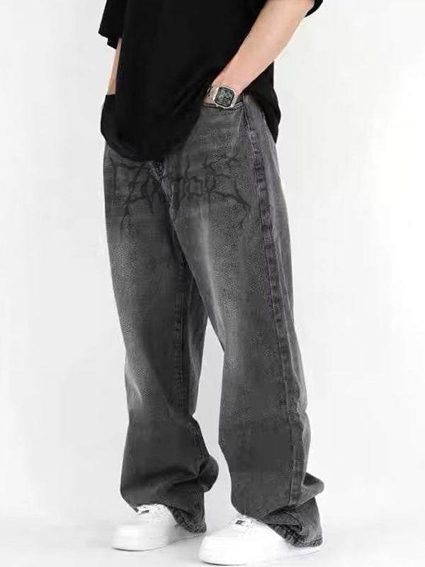Men's Washed Crackle Print Loose Jeans
