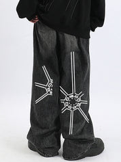 Men's Washed Spider Web Print Loose Jeans