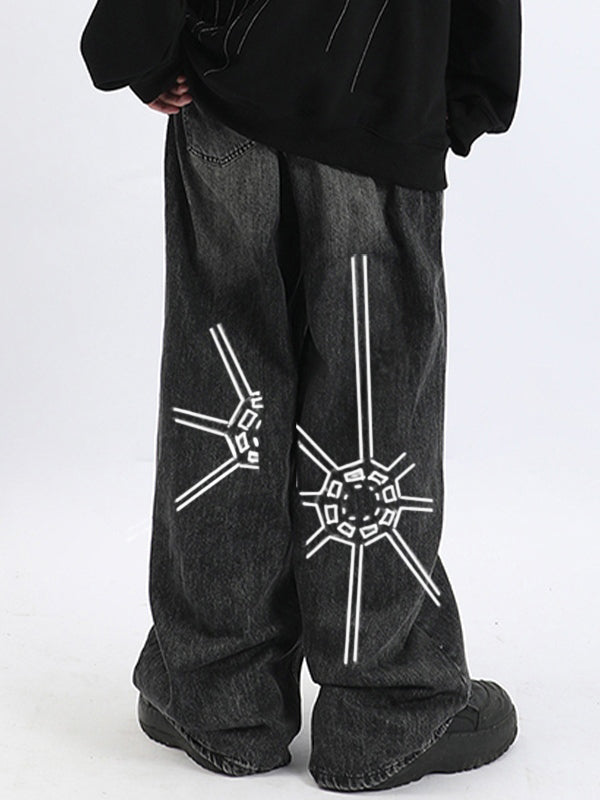 Men's Washed Spider Web Print Loose Jeans