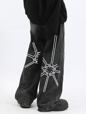 Men's Washed Spider Web Print Loose Jeans