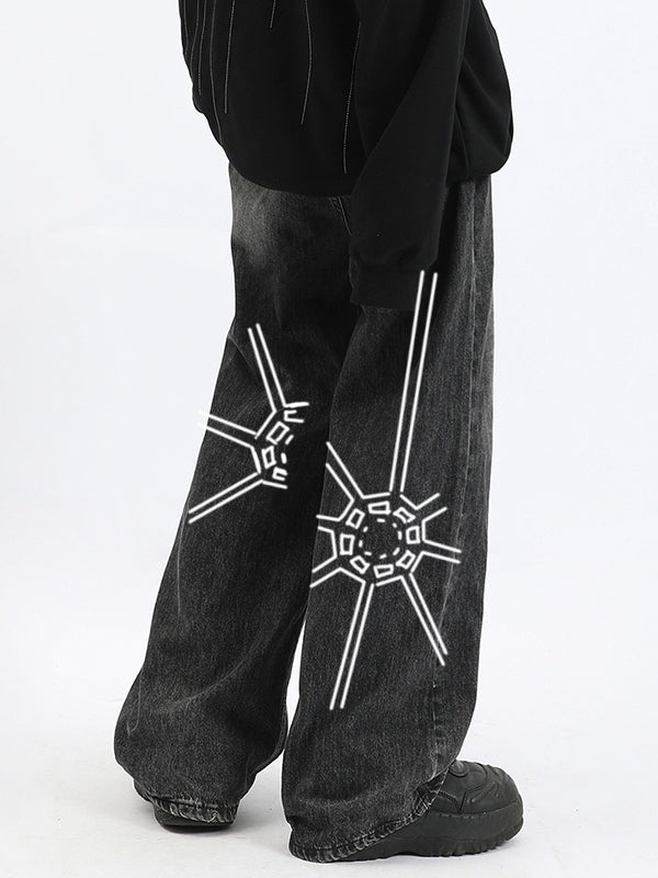 Men's Washed Spider Web Print Loose Jeans