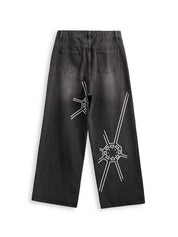 Men's Washed Spider Web Print Loose Jeans