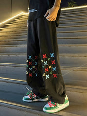 Men's Washed Colorful Embroidery Print Straight Leg Jeans