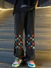 Men's Washed Colorful Embroidery Print Straight Leg Jeans