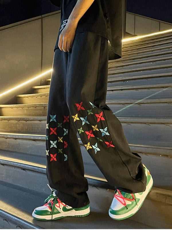 Men's Washed Colorful Embroidery Print Straight Leg Jeans