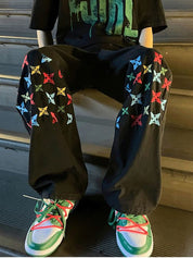 Men's Washed Colorful Embroidery Print Straight Leg Jeans