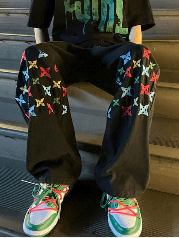 Men's Washed Colorful Embroidery Print Straight Leg Jeans