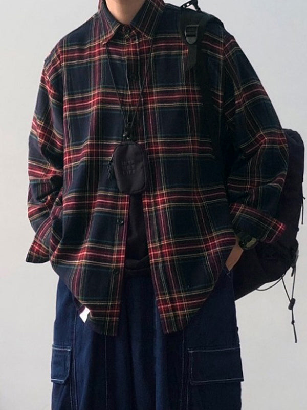 Men's Vintage Plaid Print Long Sleeve Blouse
