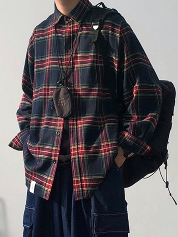 Men's Vintage Plaid Print Long Sleeve Blouse