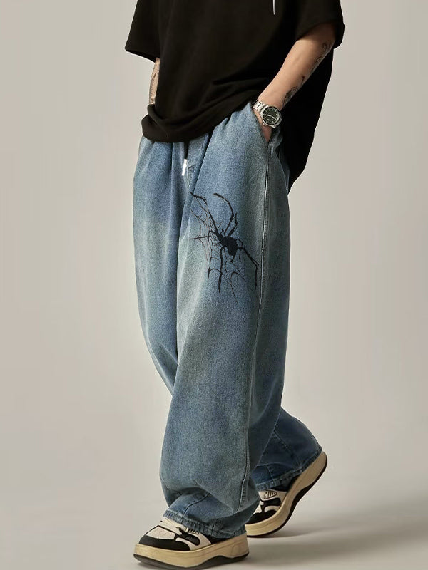 Men's Vintage Spider Print Loose Jeans