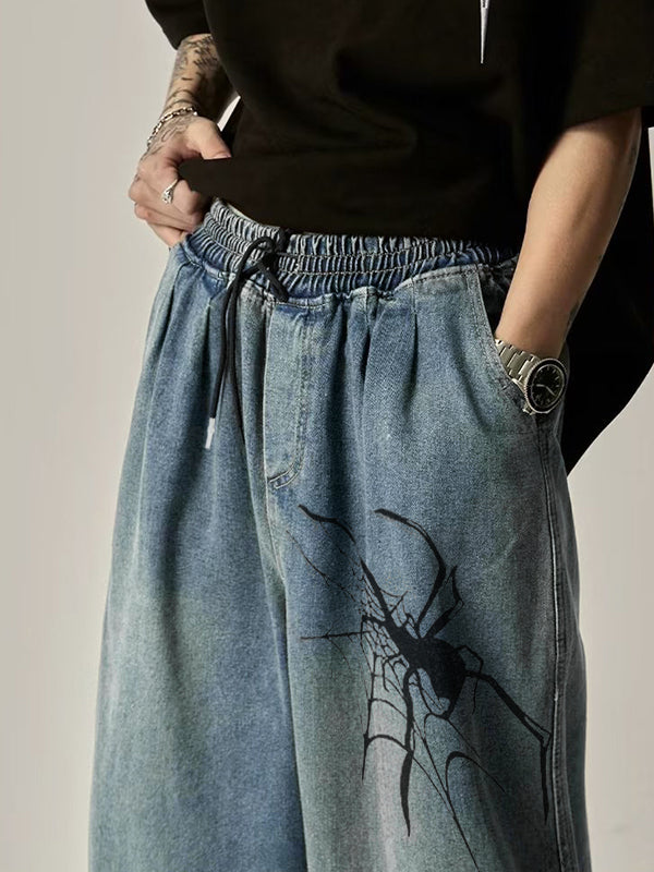Men's Vintage Spider Print Loose Jeans