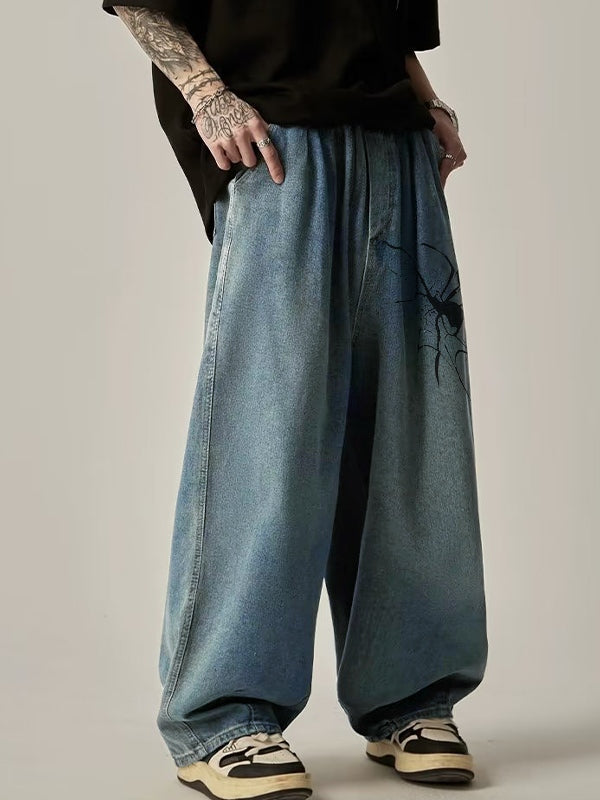 Men's Vintage Spider Print Loose Jeans