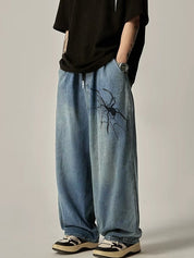 Men's Vintage Spider Print Loose Jeans