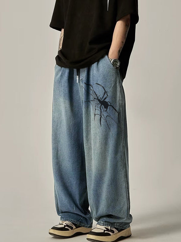 Men's Vintage Spider Print Loose Jeans