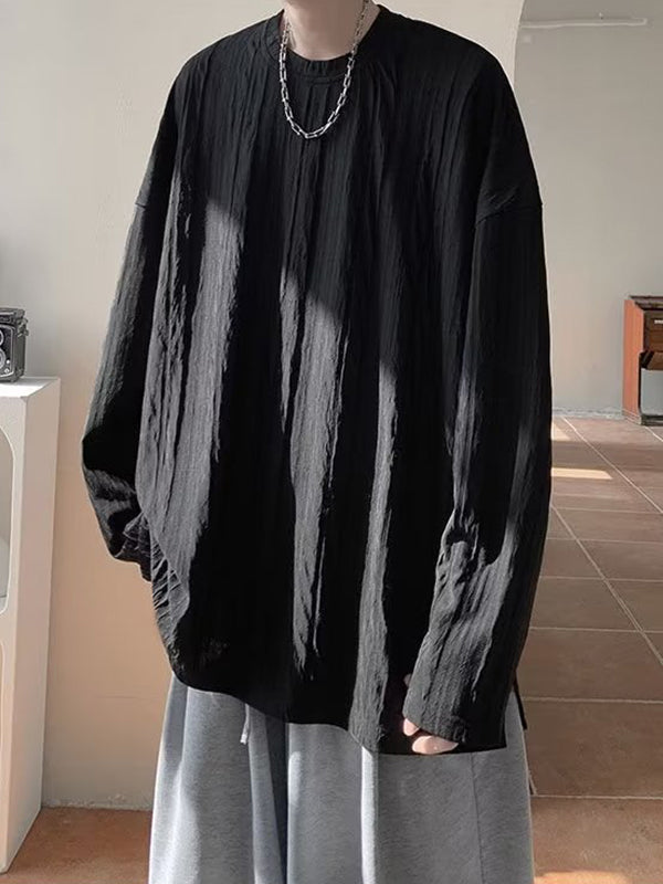 Men's Solid Textured Crew Neck Long Sleeve Tee