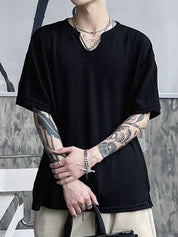 Men's Solid Mesh Notched Neck Short Sleeve Tee