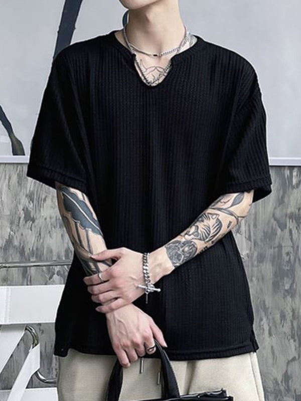 Men's Solid Mesh Notched Neck Short Sleeve Tee