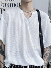 Men's Solid Mesh Notched Neck Short Sleeve Tee