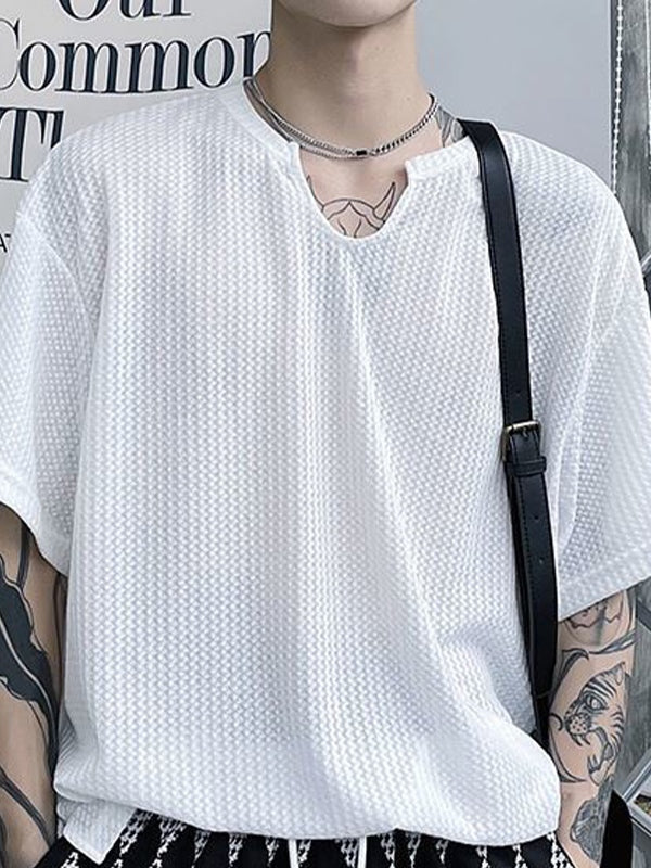 Men's Solid Mesh Notched Neck Short Sleeve Tee