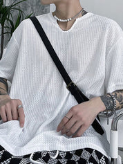 Men's Solid Mesh Notched Neck Short Sleeve Tee
