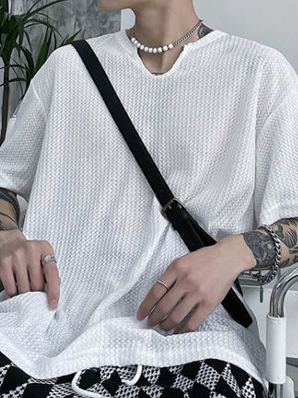 Men's Solid Mesh Notched Neck Short Sleeve Tee