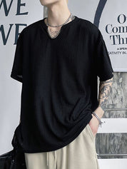 Men's Solid Mesh Notched Neck Short Sleeve Tee