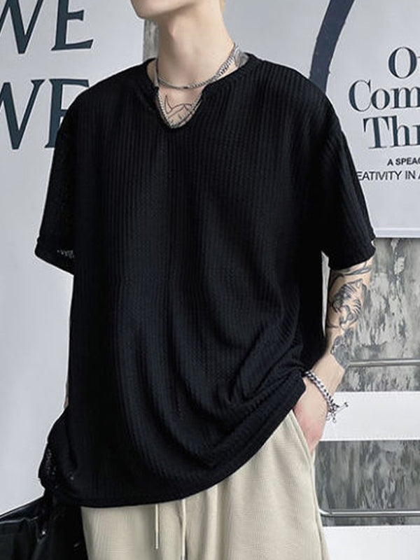 Men's Solid Mesh Notched Neck Short Sleeve Tee