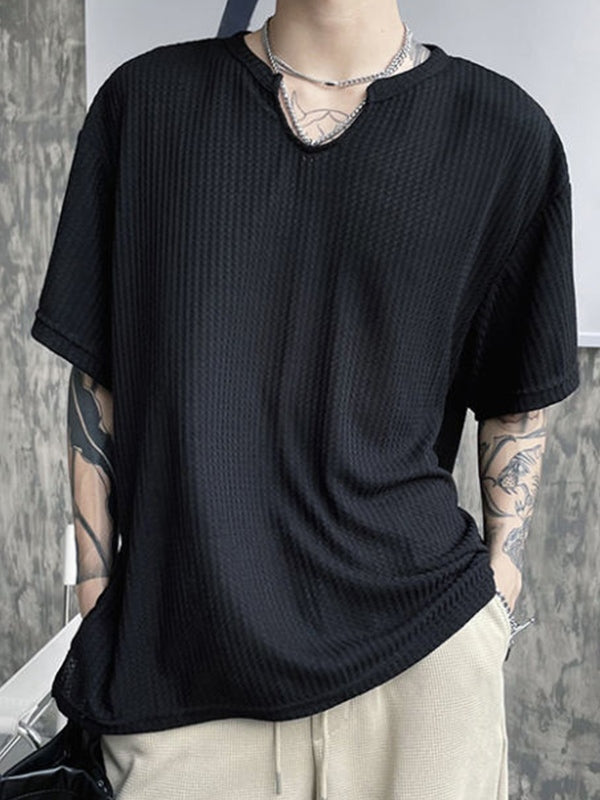 Men's Solid Mesh Notched Neck Short Sleeve Tee