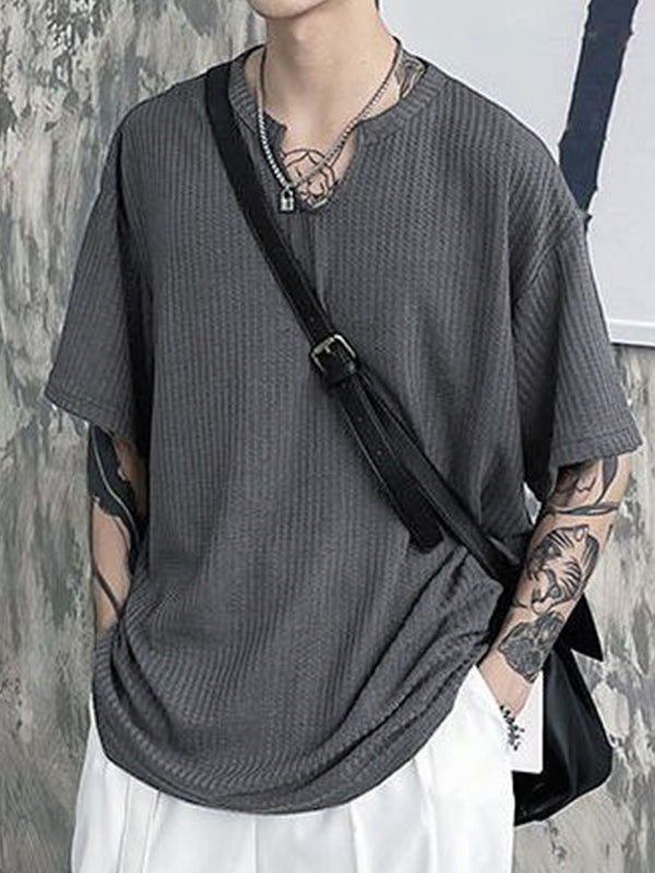 Men's Solid Mesh Notched Neck Short Sleeve Tee