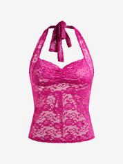 Lace-Paneled Open-Back Halterneck Top