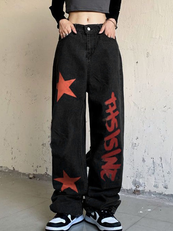 Contrast Color Print High Waist Boyfriend Jeans