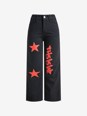 Contrast Color Print High Waist Boyfriend Jeans