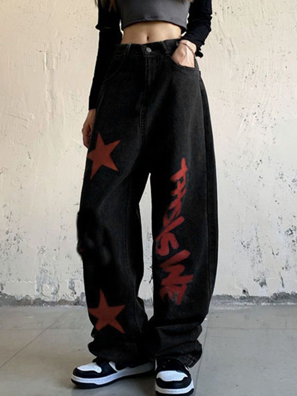 Contrast Color Print High Waist Boyfriend Jeans