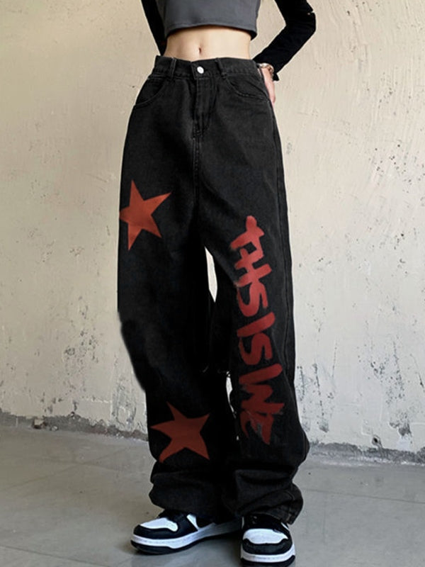 Contrast Color Print High Waist Boyfriend Jeans