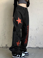 Contrast Color Print High Waist Boyfriend Jeans
