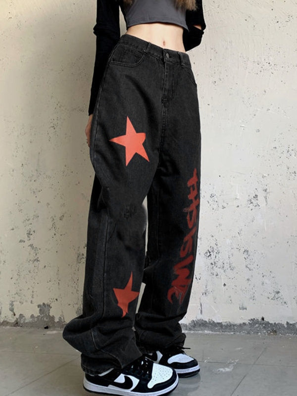 Contrast Color Print High Waist Boyfriend Jeans